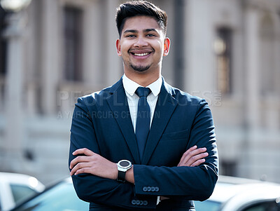 Buy stock photo Portrait, lawyer and business man with arms crossed in city, smile and outdoor in urban street. Face, happy and confident professional, entrepreneur and male attorney from India with success mindset.