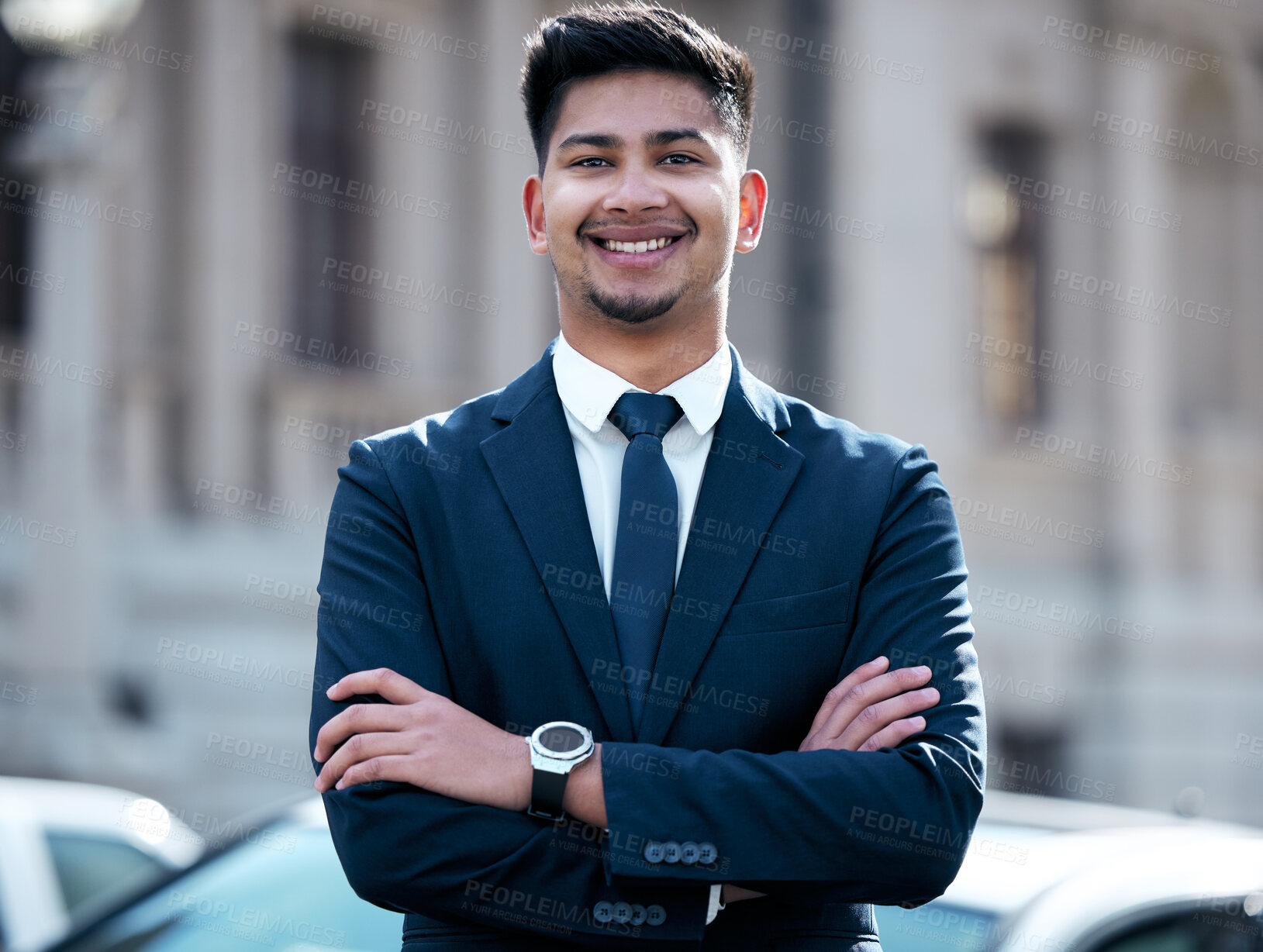 Buy stock photo Portrait, lawyer and business man with arms crossed in city, smile and outdoor in urban street. Face, happy and confident professional, entrepreneur and male attorney from India with success mindset.