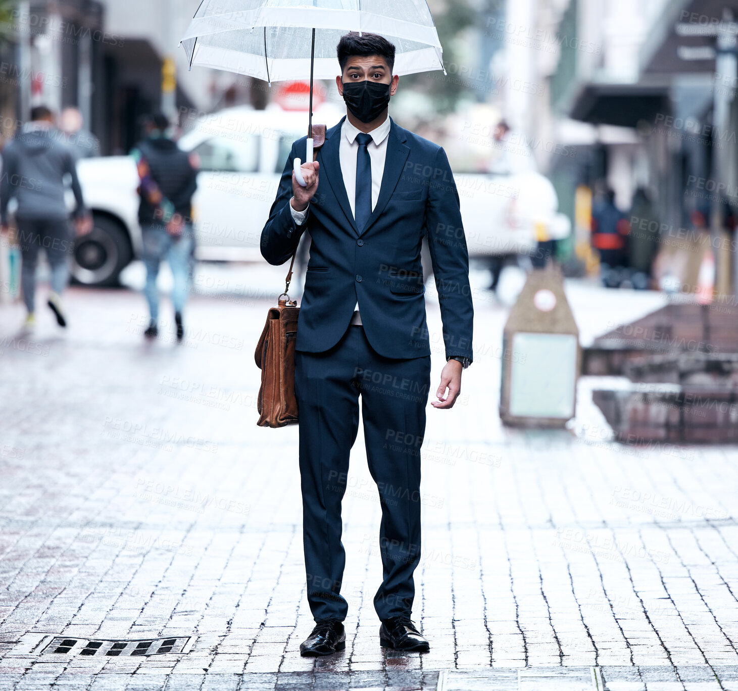 Buy stock photo Business, man and walking with umbrella in rain, outside and financial insurance for safety or security. Assurance, accountability and protection cover for assets and face mask, future and investment