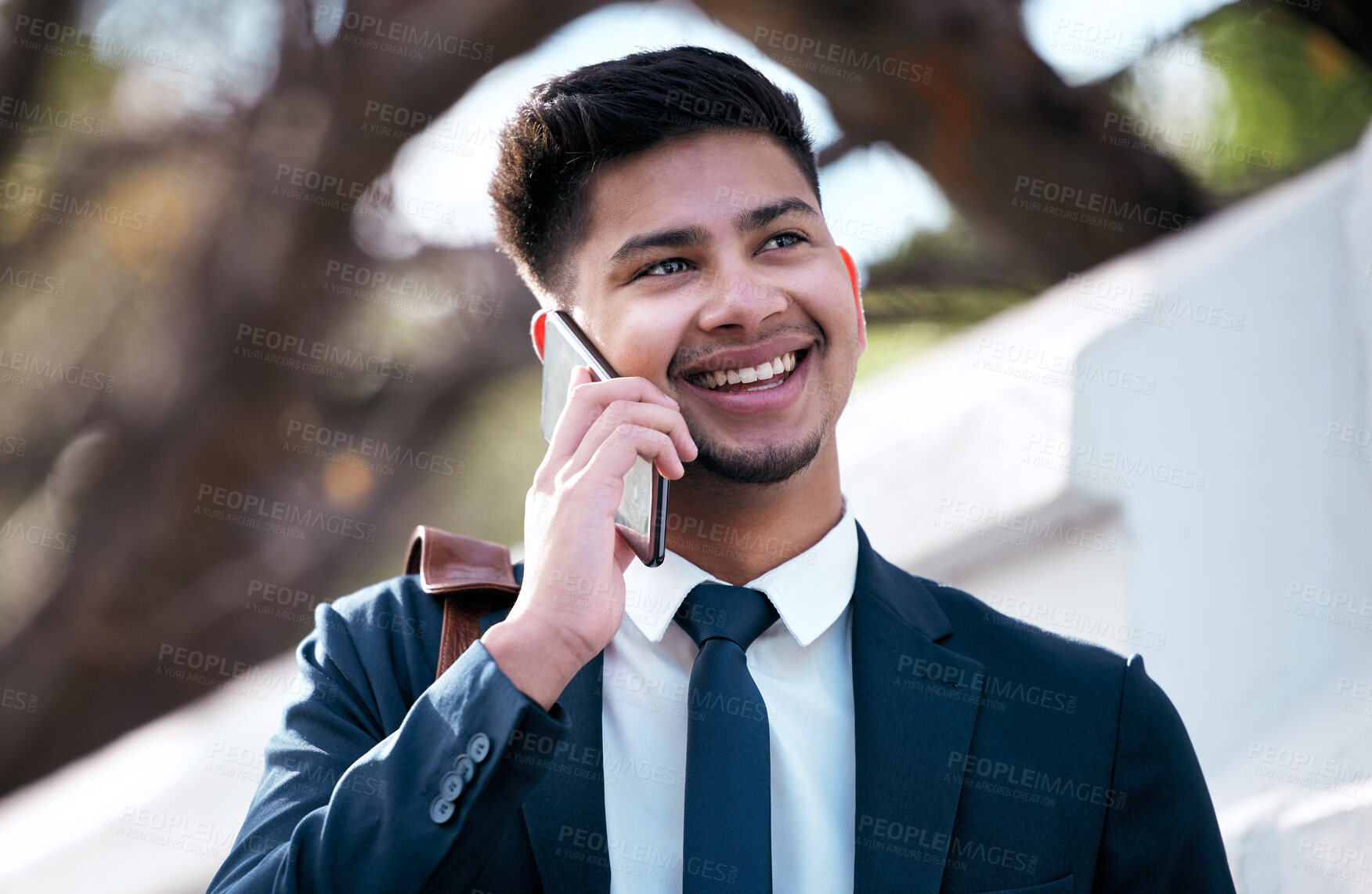 Buy stock photo Businessman, communication and phone call in city with networking, talking and audio consultation with client. Male banker, conversation and mobile in urban town for work discussion and happy chat