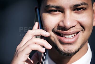 Buy stock photo Phone call, city and portrait of business man for online conversation, networking and discussion. Corporate worker, professional and person on smartphone for chat, contact and communication in town