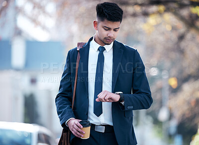 Buy stock photo Check watch, city and business man walking for morning commute, travel and waiting for transport. Corporate, professional and person with clock for time management, schedule and appointment in town