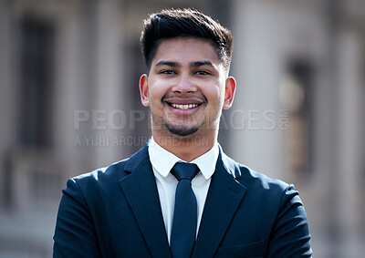 Buy stock photo Lawyer, portrait and business man in city, smile and pride for career or job outdoor in town. Face, happy and confident professional, entrepreneur and male attorney from India with success mindset.