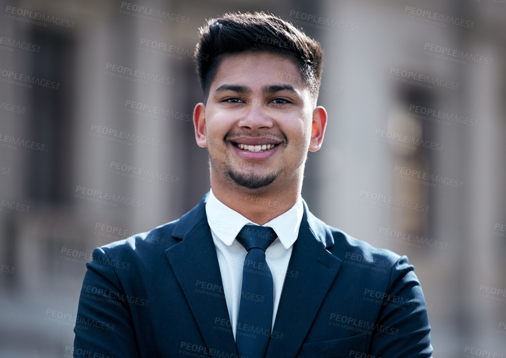 Buy stock photo Lawyer, portrait and business man in city, smile and pride for career or job outdoor in town. Face, happy and confident professional, entrepreneur and male attorney from India with success mindset.