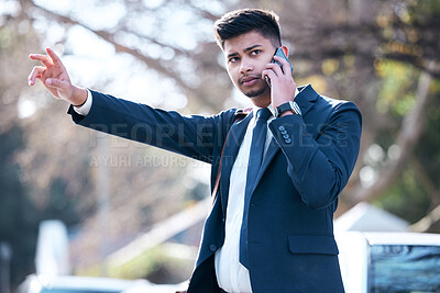 Buy stock photo Business man, phone call and stop taxi with contact, networking and waiting on metro sidewalk for travel. Person, smartphone and mobile connection in street, traffic and wait for transport in city