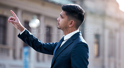 Buy stock photo Business man, street and stop taxi with hand, wave and waiting on metro sidewalk for urban travel. Person, thinking and point for sign to call cab on road, traffic and direction for transport in city