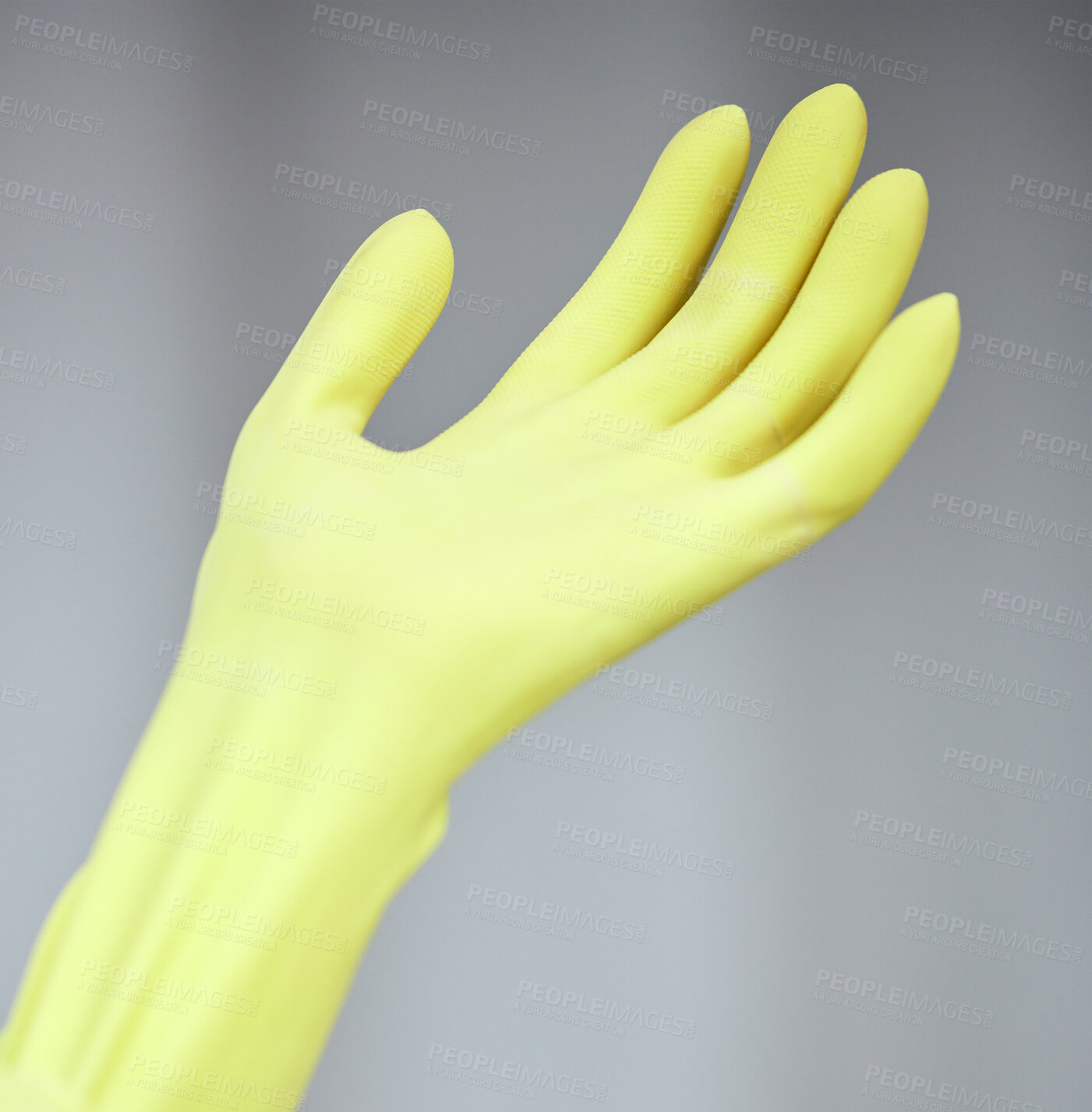 Buy stock photo Hand, glove and prepare for cleaning in studio for hygiene, health and safety isolated on a grey background, Chores, housekeeping and palm of janitor for protection closeup for wellness to start work