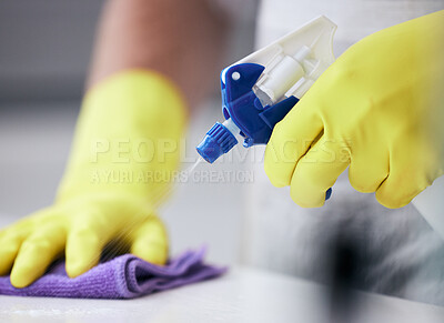 Buy stock photo Person, spray and bottle for cleaning surface of dirt or dust in home for health and hygiene and maintenance. Hands, chemical detergent and housekeeping or housework for disinfection or sanitize.