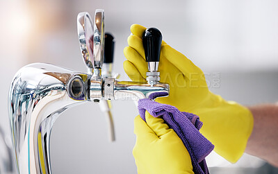 Buy stock photo Bar, person or hands cleaning tap for shine in home for disinfection, cafe or kitchen in small business. Barista, wipe or closeup of cleaner with gloves or cloth for sanitary hygiene, dust and faucet