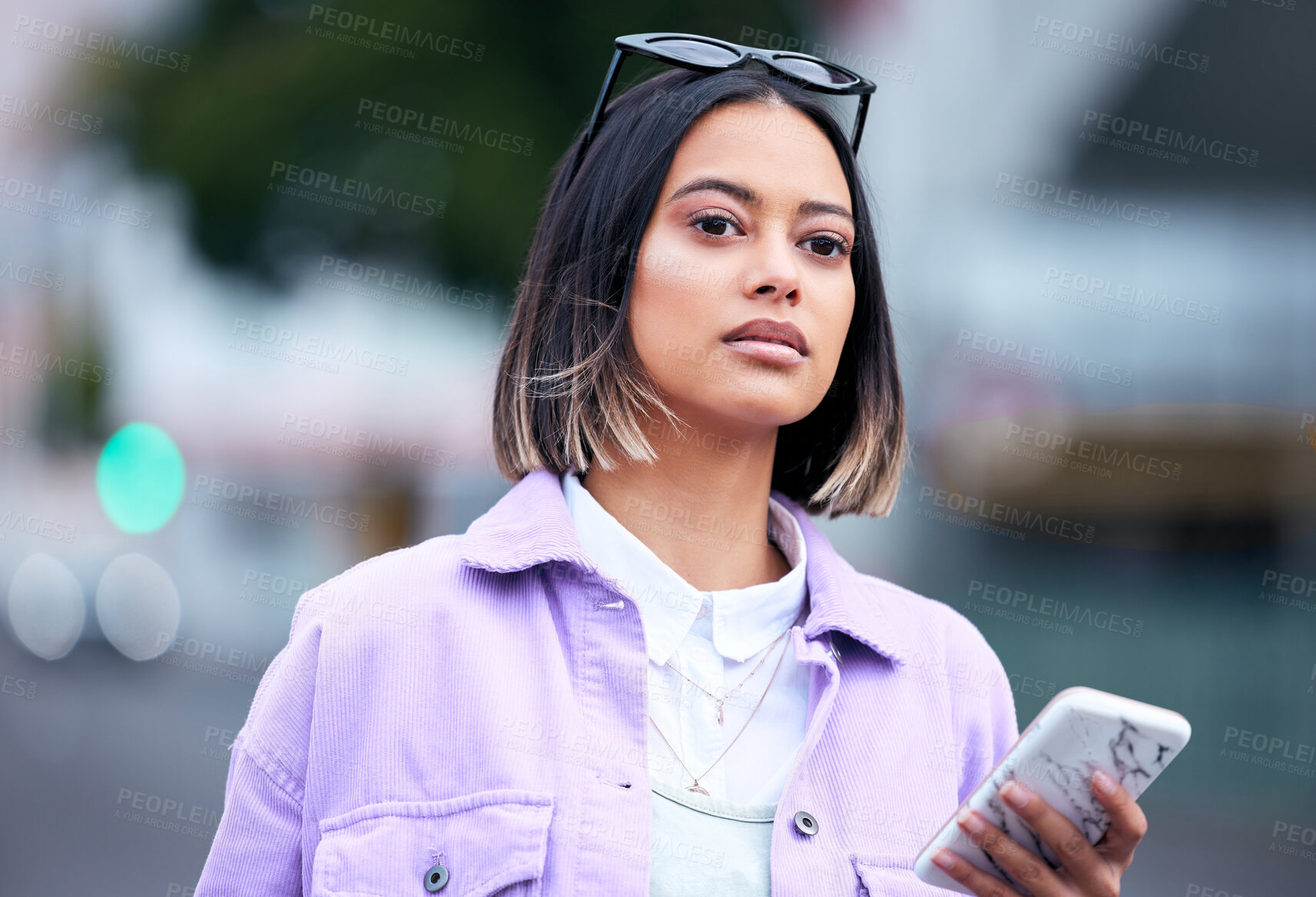 Buy stock photo Phone, road and a woman customer shopping in the city for a fashion sale, deal or bargain for retail. Mobile, street and app with a young female shopper in an urban town for commercial consumerism