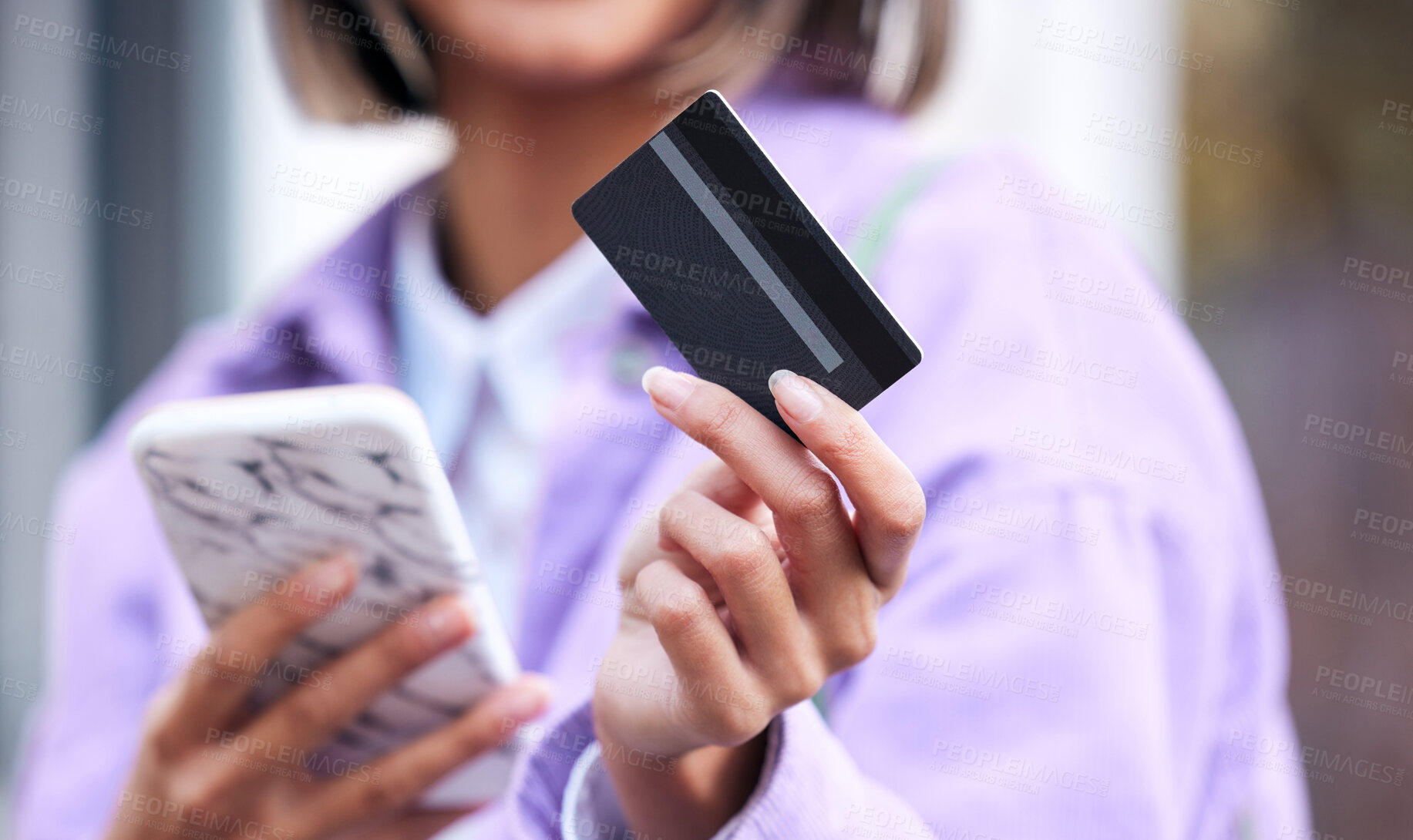 Buy stock photo Hands, credit card and phone for woman in city with online shopping, banking and fintech app for payment. Girl, person and easy transaction with smartphone on metro sidewalk with financial freedom