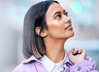 Buy stock photo Thinking, ideas and future with woman outdoor for inspiration, mindfulness and wellness with hope. Insight, mindset and mission with brainstorming or memory for reflection, peace of mind and vision