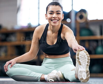 Buy stock photo Stretching, legs and portrait of woman in gym with exercise, warm up or start workout with energy. Fitness, training or girl prepare body for wellness challenge and mobility practice for resilience