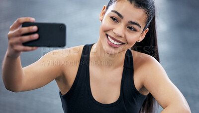 Buy stock photo Selfie, smile and woman in gym, sportswear and training for health, strong and muscle for profile picture. Social media, athlete and girl with fitness, happiness and workout in club and exercise
