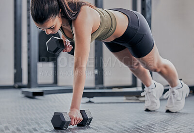 Buy stock photo Woman, push up and dumbbell in gym for fitness, exercise and training for strong muscle. Female person, bodybuilder and athlete for sport and plank, power and equipment for workout or weightlifting