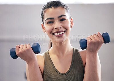 Buy stock photo Woman, portrait and dumbbell in gym for power, exercise and training for strong arm muscle. Person, challenge and athlete for sport and health, fitness and equipment for workout or weightlifting
