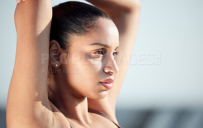 Buy stock photo Woman, face and fitness with outdoor stretching in preparation for workout, exercise or training. Serious female person, athlete or runner in warm up or getting ready for run or health and wellness