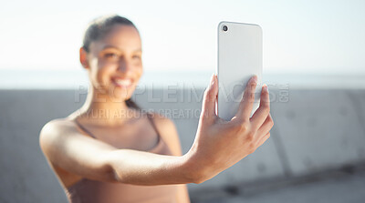 Buy stock photo Happy woman, fitness and memory with selfie for photography, picture or outdoor moment in nature. Active or young female person, runner or athlete with smile for technology or health and wellness