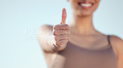 Buy stock photo Woman, hand and fitness with thumbs up for winning, thank you or success on a blue sky background. Closeup of female person or athlete with like emoji, yes sign or ok for approval, review or feedback