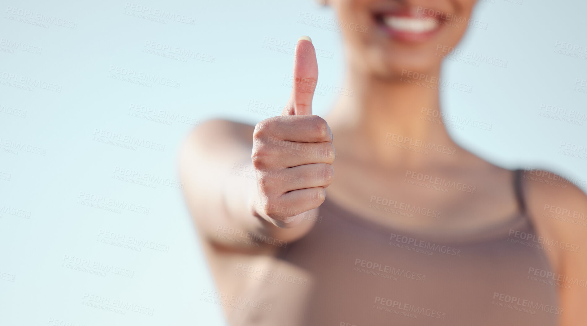 Buy stock photo Woman, hand and fitness with thumbs up for winning, thank you or success on a blue sky background. Closeup of female person or athlete with like emoji, yes sign or ok for approval, review or feedback