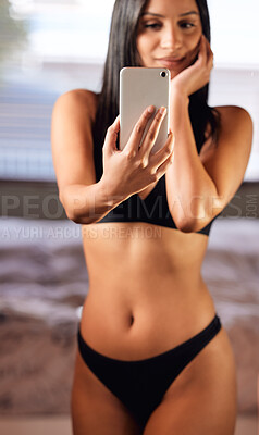 Buy stock photo Shot of a young woman taking a selfie in her lingerie