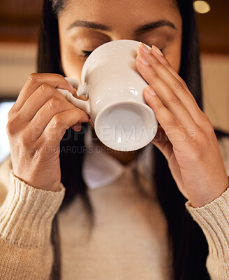 Buy stock photo Girl, home and drink coffee in morning for daily routine to start day for peace and mindfulness or stress relief. Woman, cup and herbal green tea in house for breakfast to relax, calm and closeup.