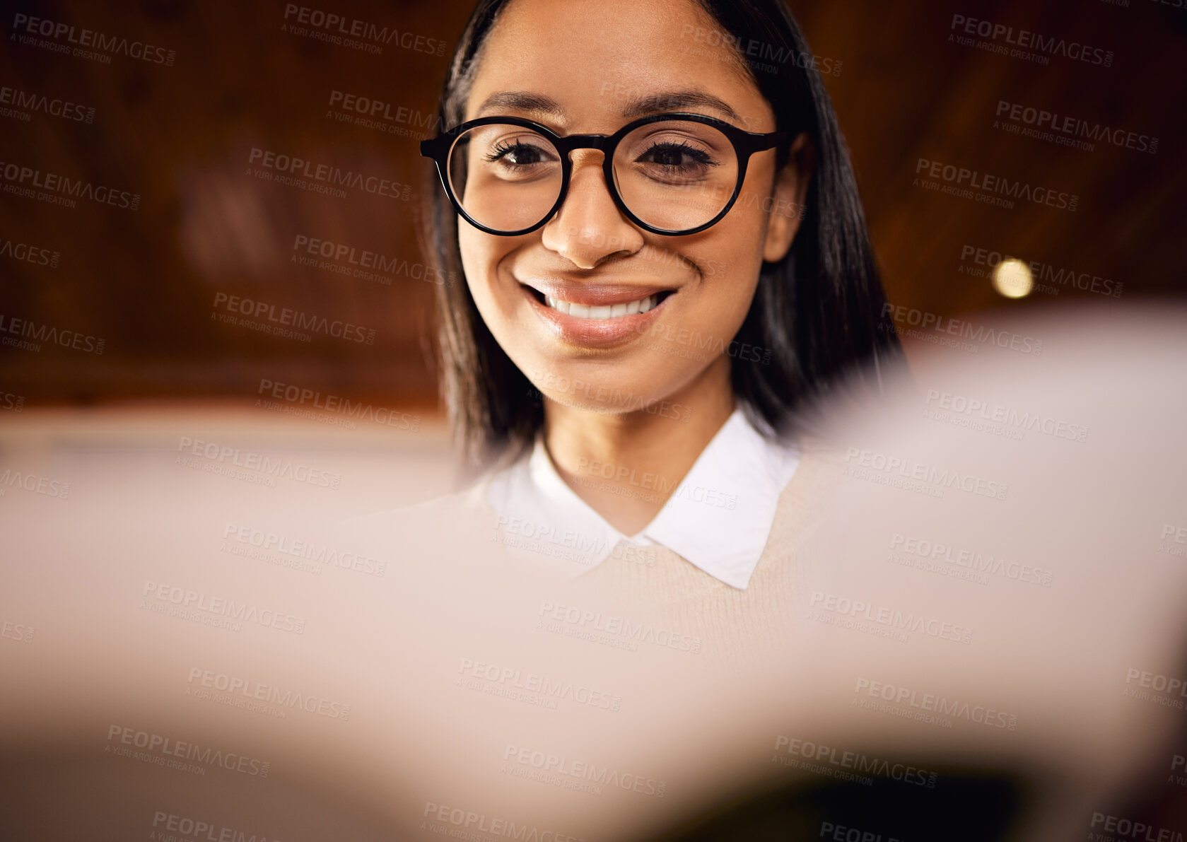 Buy stock photo College student, happy and girl reading book in home for university, research and school education. Learning, knowledge and Indian woman with scholarship or novel for studying academic information