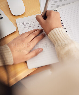 Buy stock photo Cropped shot of a college student making a to-do list