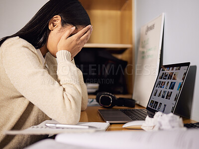 Buy stock photo Stress, university student and woman with laptop in home for education, studying or frustrated. College, burnout or female person at desk with notes for time management, anxious or anxiety on exam