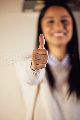 Buy stock photo Girl, business and thumbs up with hand for success or good job or news, thank you and agreement for project. Person, well done and sign for approval or yes for partnership, reputation and achievement