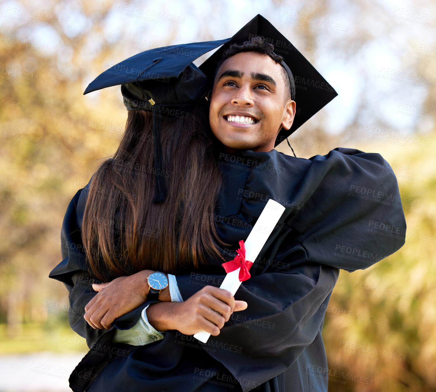 Buy stock photo Friends, hug and diploma at graduation ceremony, celebration and proud of education together. People, embrace and support at college or university for achievement or success, graduate and certificate