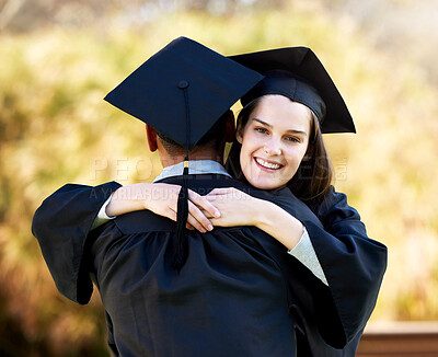 Buy stock photo Friends, hug and portrait at graduation ceremony, celebration and proud of education together. People, embrace and support at college or university for achievement or learn goals, graduate and smile