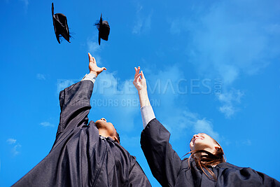 Buy stock photo Students, smile and graduation cap in sky on campus with celebration and success. People, college and university classmate or friends with fun or happy for qualification competition and excited