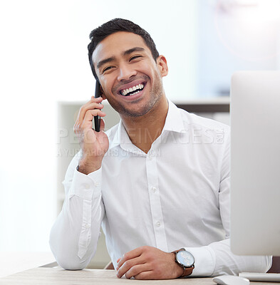 Buy stock photo Happy, phone call and business man in office for networking, communication and contact. Technology, corporate and connection with male employee for conversation, entrepreneur and discussion