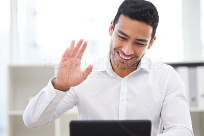 Buy stock photo Smile, wave and Asian man on a tablet video call for a webinar, meeting or networking online. Happy, hello and a young businessman in conversation on technology and greeting on a virtual conference