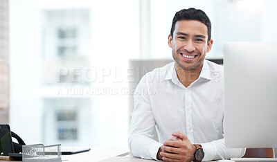 Buy stock photo Happy, portrait of a businessman and computer working at his desk at his workplace office. Happiness or cheerful, health wellness and male person happy at his workstation by desktop at work.