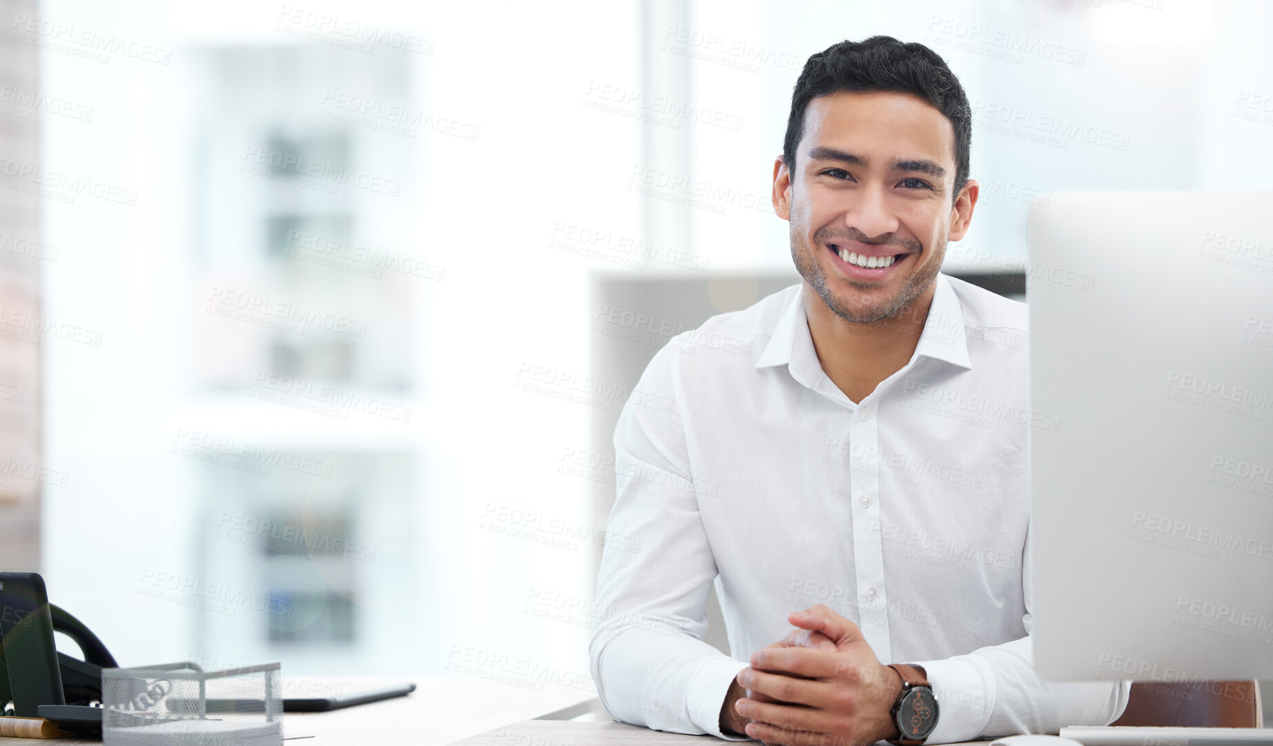 Buy stock photo Happy, portrait of a businessman and computer working at his desk at his workplace office. Happiness or cheerful, health wellness and male person happy at his workstation by desktop at work.