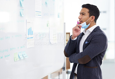 Buy stock photo Office, man and thinking with whiteboard strategy or planning with sticky notes and graphs as project manager. Business, employee and ideas with statistics, review and report for company growth