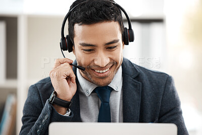 Buy stock photo Call center, online and consulting with business man in office for contact us, communication and customer service. Networking, technology and advice with employee for help desk and technical support