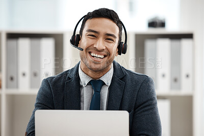 Buy stock photo Call center, portrait and consulting with business man in office for contact us, communication or customer service. Networking, technology and advice with employee for help desk and technical support