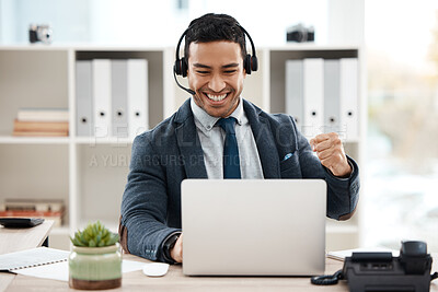 Buy stock photo Business man, fist and telemarketing success with celebration and work promotion email. Male worker, win and good news on a laptop in a office with motivation and typing at call center job with tech