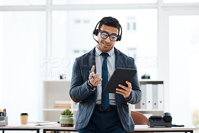 Buy stock photo Businessman, telemarketing and headphones with pen and tablet for communication in office. Male employee or crm with technology for customer service, support and help with advice on technical issues