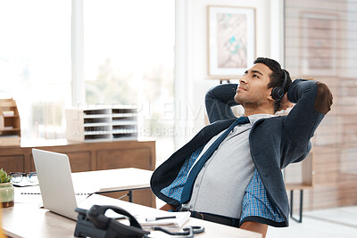 Buy stock photo Headset, man and relax for rest in office with customer service, tech and web support. Male agent, headphones and target complete with laptop at call center for client advice, consulting and telecom