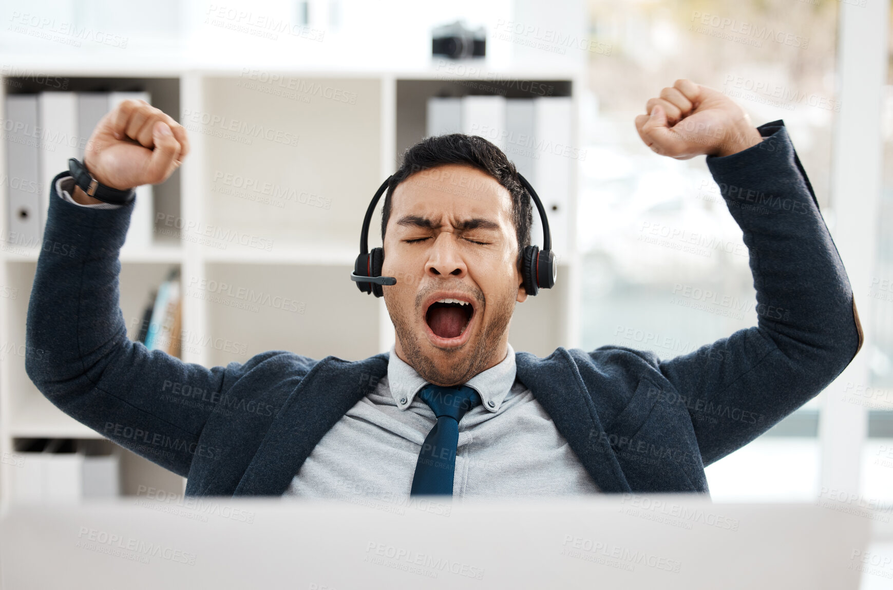 Buy stock photo Man, call centre and tired with office agent, crm and telemarketing and exhausted with sales consultant. Fatigue, customer support and employee with headset on job, burnout and stretching or lazy