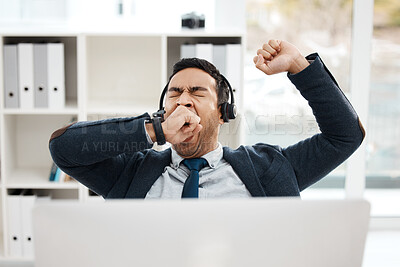 Buy stock photo Man, call centre and tired with office consultant, crm and telemarketing and exhausted and sales agent. Fatigue, customer support and employee with headset on job, burnout and stretching or lazy