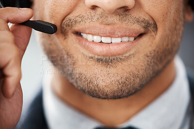 Buy stock photo Mouth, agent and call centre or customer service, crm and telemarketing with sales consultant. Support, help desk and employee with headset mic for communication job, telecom and faq with salesman