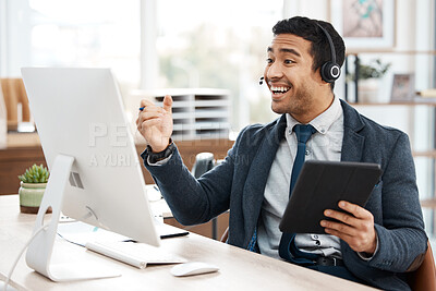 Buy stock photo Man, consultant and happy in call centre with computer, crm and telemarketing or agent with tech. Support, help desk and employee or headset for online communication job, searching faq on internet