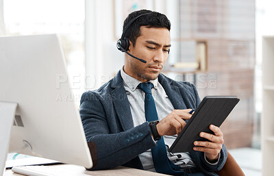 Buy stock photo Man, agent and call centre or working with tablet, crm and telemarketing with sales consultant. Support, help desk and employee with headset for online communication job, searching faq on internet