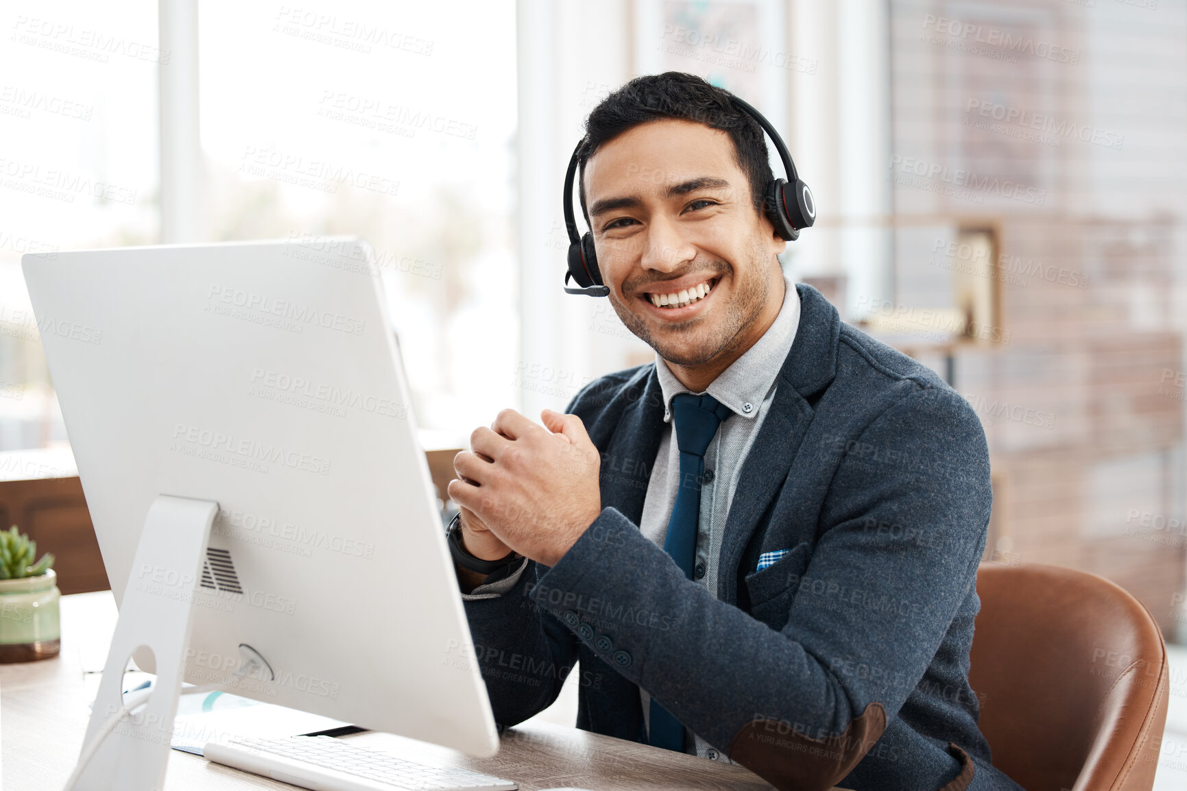 Buy stock photo Business man, call center and happy face with telemarketing and phone consultation work. Support, contact us and male worker by a computer for consultant and customer service in a office with tech