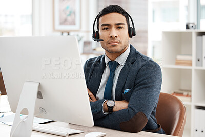 Buy stock photo Business man, call center and serious face with telemarketing and phone consultation work. Support, contact us and male worker by a computer for consultant and customer service in a office with tech